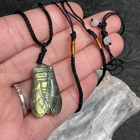 Cicada Carved Labradorite Pendant Necklace Stone Crystal Jewelry - Picture 1 of 12
